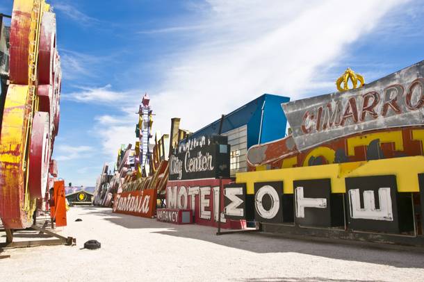 Historic landmark signs are displayed at the Neon Museum's Boneyard.